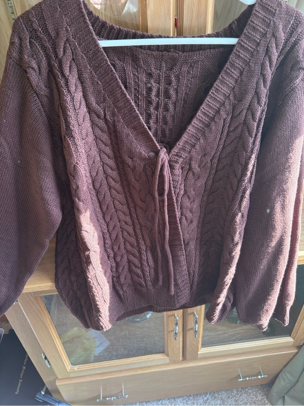 Brown Cable-Knit Tie Cardigan